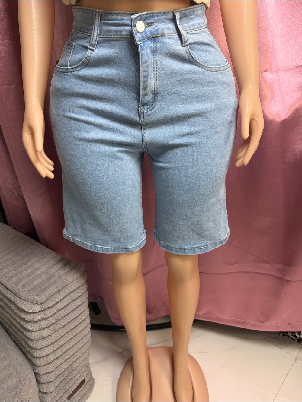 High-Rise Light Blue Denim Bermuda Shorts